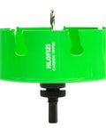 Front view of HLOFIZI carbide-tipped hole saw, 6-1/8 in, green, with arbor and pilot drill bit.