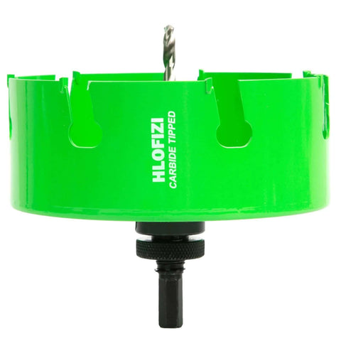 Front view of HLOFIZI carbide-tipped hole saw, 6-1/8 in, green, with arbor and pilot drill bit.