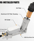 Upgraded Aluminum Oil Filter Housing Kit with Oil Cooler, Sensors and Gaskets for 3.6L V6 Vehicles showing pre-installed parts.