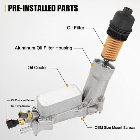 Upgraded Aluminum Oil Filter Housing Kit with Oil Cooler, Sensors and Gaskets for 3.6L V6 Vehicles showing pre-installed parts.
