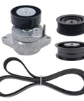 Super Cool Engine Drive Belt Tensioner Assembly With 2 Snazzy Idler Pulleys And Quality Belt Built For Mercedes-Benz M272 M273 W204 W203 Plus OE Fitment Numbers, showcasing the complete kit.