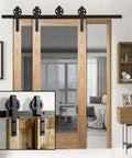 Heavy Duty Sliding Barn Door Hardware Kit Double Track System With Smooth Ride Rollers And Drop Dead Simple Install Bent Hangers In Slick Black Finish bedroom room divider rail set showcasing wood sliding doors and black hardware.
