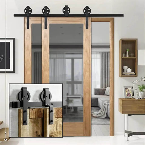 Heavy Duty Sliding Barn Door Hardware Kit With Big Rollers Bent Hanger System For Double Doors In Black Finish 4 To 16 Feet