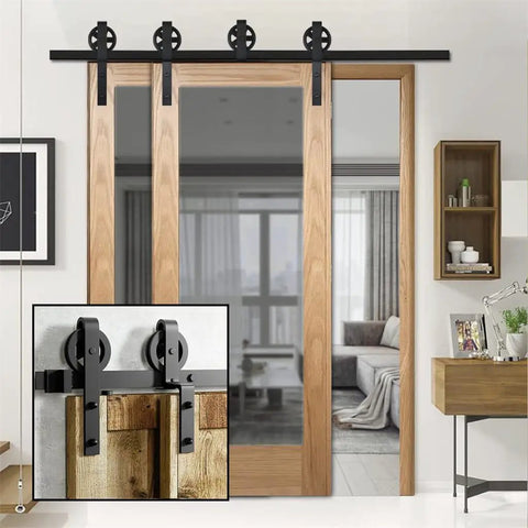 Premium Heavy-Duty Sliding Barn Door Hardware Kit With Oversized Rollers For Double Doors includes black 9ft runners and bent track system.