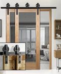Sliding Barn Door Hardware Kit With Big Rollers Bent Hanger System For Double Doors Black Finish installed in a modern room