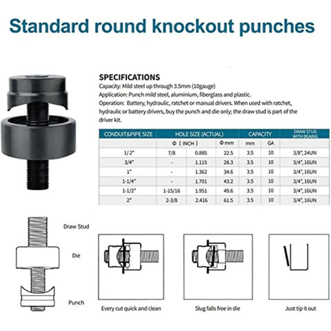 Heavy Duty Hydraulic Knockout Punch Kit Half Inch To Two Inch Hole Punch Driver For Electrical Conduit specifications diagram