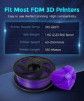 Premium 1.75mm PLA Pro Filament For 3D Printing Purple, 1kg Spool, beside a purple printed object with specs in background