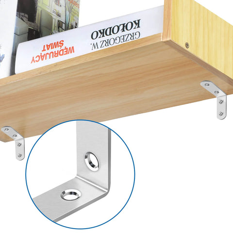 16 Pcs Stainless Steel L Bracket Set With 64 Screws, 90 Degree Right Angle Corner Braces installed under a wooden shelf