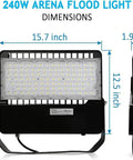240W Outdoor LED Flood Light Delivers 36,000 Lumens Of True Daylight 5000K, Die Cast Aluminum, front and side dimensions
