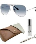 RB3025 Pilot Shape Non Polarized Sunglasses For Men And Women With Light Blue Gradient Lenses shown with case and accessories