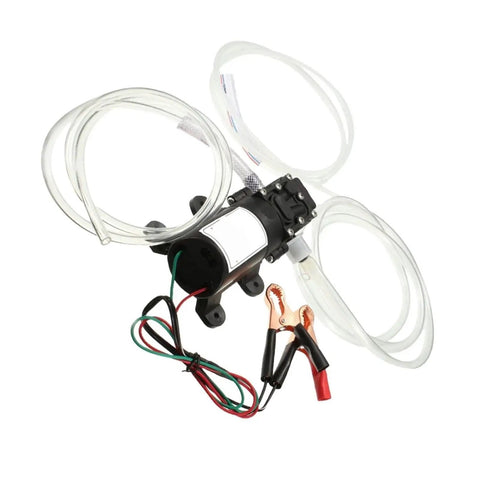 Heavy Duty 12V Self Priming Fluid Scavenge Pump With Long Suction Hose, electric pump with cables and hoses for oil transfer.