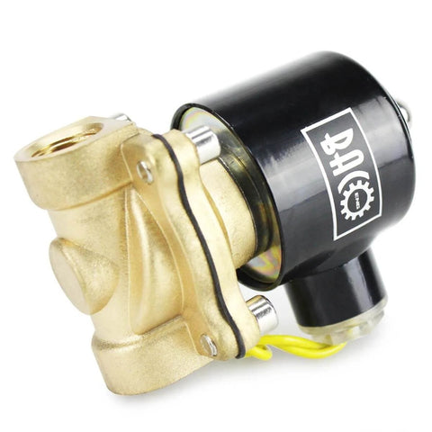 Side view of Brass Heavy Duty Electric Solenoid Valve 3/8 inch NPT 110V AC Normally Closed with durable brass body and dual cable connection.