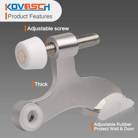 KOVOSCH hinge pin door stopper in brushed satin nickel with white rubber bumper tips, adjustable screw
