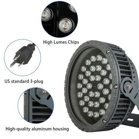 108W RGB Wall Washer Outdoor Spotlight With Remote Dope Color Changing Stage Lights For Weddings Parties Patio And Landscape Lighting IP65 Waterproof US 3 Plug with aluminum body and 3-plug