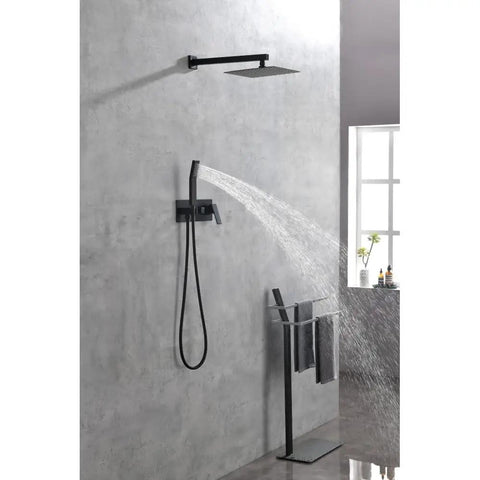 Shower System, 10-Inch Rainfall Head with Handheld Sprayer, Valve Included installed with water flowing in modern bathroom.
