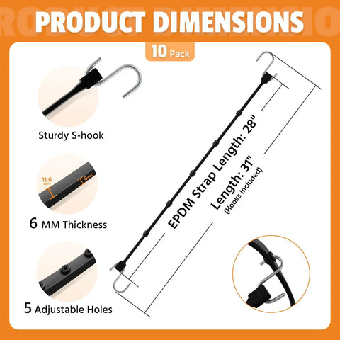 Adjustable 31 Inch Rubber Bungee Cords With Hooks EPDM Heavy Duty Bungee Straps with S-hooks, 28in strap length, 10 pack