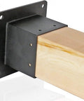 Beefed Up Heavy Duty 4x4 Post Base Bracket Set With 3.3 By 3.5 Inch Inner Size installed on wooden post showing pre-drilled holes.