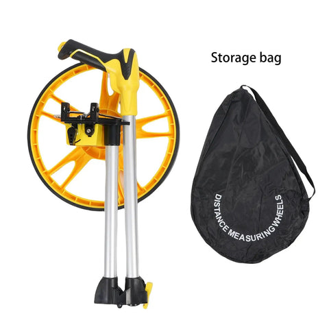 12 Inch Folding Mechanical Measuring Wheel Straight Up Reliable Metric Distance Tracker With Portable Carry Handle top view with folded design and storage bag.