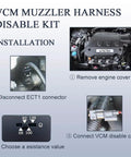 VCM Muzzler Harness Disable Kit installation guide showing steps to disconnect ECT1 connector and connect the VCM cable.