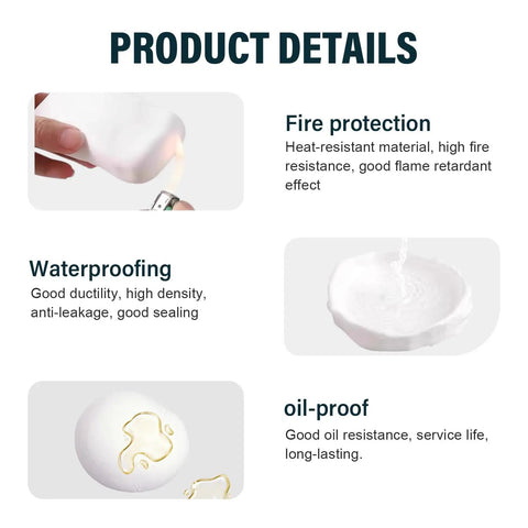 Detail view of Heavy Duty Waterproof Patching Paste And Dependable Repair Mastic showing fire protection, waterproofing, and oil-proof features.