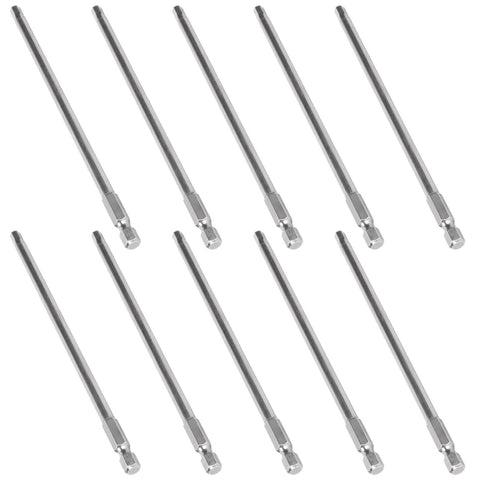 Rock Solid 10 Piece Electric Screwdriver Bit Set Made From Tough S2 Alloy Steel With 5mm Hex Shafts And 150mm Length showing ten silver bits.
