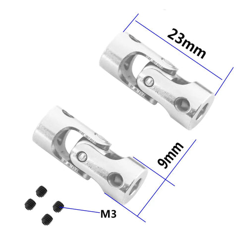 5 Pack Universal Rotatable Steering Shaft U Joint Coupler For RC Car Robot Crawler Boat 360 Degree Universal Joint Motor Connector 4mm To 4mm Beefy Metal Build With Multiple Size Options 3mm 3.17mm 4mm, image shows two metal u-joints with screws, labeled 23mm and 9mm.