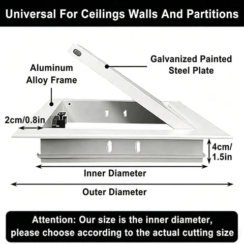 Dead Simple Push To Open Access Panel For Drywall And Ceiling Rust Resistant Waterproof Wall Hole Cover Plate With Hassle Free Snap Fit Assembly In Bright White, angled view showing aluminum frame and galvanized steel plate.