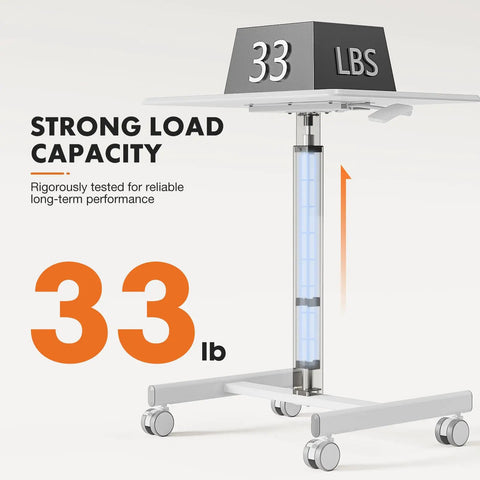 Mobile Small Standing Desk With Lockable Wheels For Sit Stand Work Desk On Wheels Portable Rolling Laptop Desk adjustable height, load capacity display.
