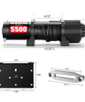 Heavy Duty 5500 Lb Electric Winch For Atv Utv With 12 Volt Motor and Waterproof Design, dimensions shown in image.