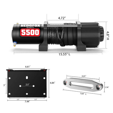 Heavy Duty 5500 Lb Electric Winch For Atv Utv With 12 Volt Motor and Waterproof Design, dimensions shown in image.