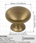 Brushed Antique Brass Cabinet Knob Set 10 Pack One And A Quarter Inch Round Mushroom Style Hardware For Cabinets And Drawers Includes One Inch Mounting Screws Built To Last Metal Drawer Pulls. 1-1/4 in brass mushroom cabinet knob with dimensions shown