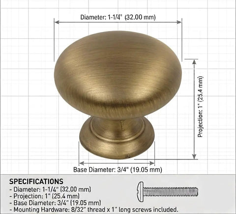 Brushed Antique Brass Cabinet Knob Set 10 Pack One And A Quarter Inch Round Mushroom Style Hardware For Cabinets And Drawers Includes One Inch Mounting Screws Built To Last Metal Drawer Pulls. 1-1/4 in brass mushroom cabinet knob with dimensions shown