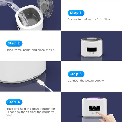 Steps to use Rechargeable Ultrasonic Retainer Cleaner With 50KHz Cleaning Power, Upgraded Motor, 280Ml Capacity.
