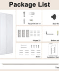 Package list for 36 Inch By 80 Inch Bifold Barn Door With Hardware Kit White Primed Single Panel Shaker Style Interior Door.