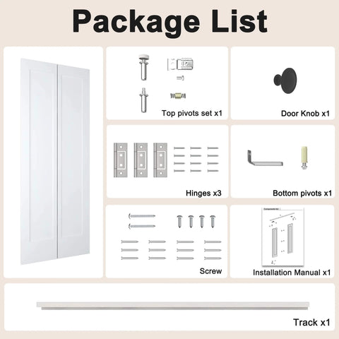 Package list for 36 Inch By 80 Inch Bifold Barn Door With Hardware Kit White Primed Single Panel Shaker Style Interior Door.