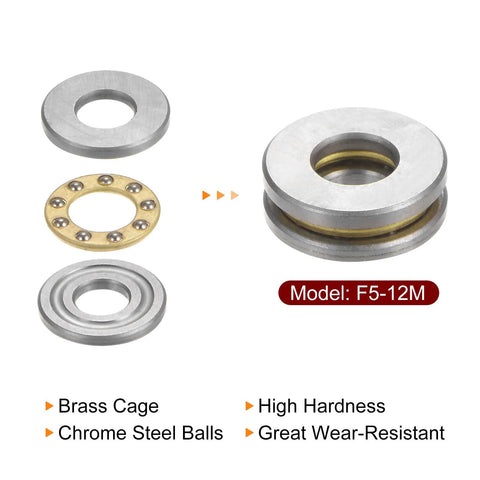 Miniature thrust ball bearing set F5-12M, 4 pcs, 5mm bore, 12mm OD, 4mm thick, chrome steel with brass cage and washers