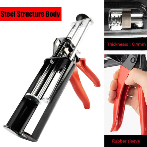 Dual Epoxy Gun For 200 mL 6.75 Fl Oz Panel Bonding Adhesive 2 To 1 Mix Ratio Double Cartridge Auto Body Repair Tool Easy Manual Use No Extra Tools Needed Delivers Smooth Precise Material Flow Scarlet And Black DIY Friendly with steel structure and red handle.