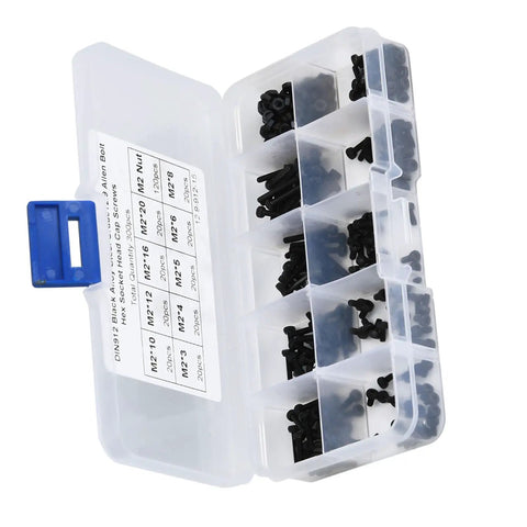 Beefy Pro Grade M2 X 3 20mm 12 9 Grade Black Alloy Steel Hex Socket Screws Bolts And Nuts Kit in plastic case, open view