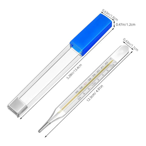 Glass Oral Thermometer 2 Pack For Adults And Kids, Fast Reading Fever Indicator, Dual Fahrenheit And Celsius Scales, Armpit Or Oral Use, Easy To Clean Glass Thermometers For Home Health. Glass thermometer in case with size labels.