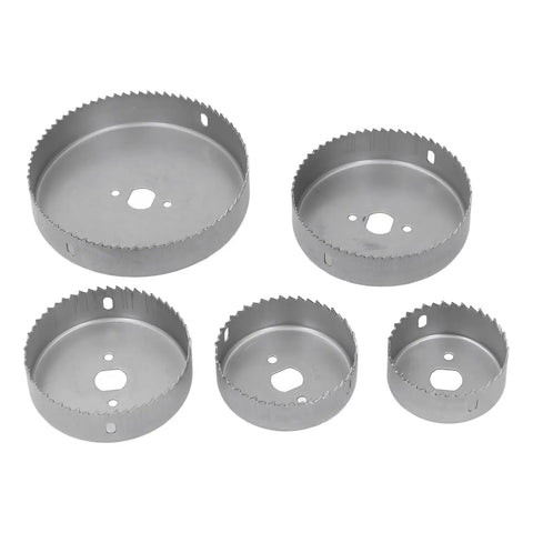 FTVOGUE Heavy Duty Hole Saw Kit W 5 Sizes Cuts Metal Plastic Wood Like A Champ For DIY Pros Using Sharp Steel Cutters With Extender And Hex Wrench. Five steel hole saw cutters in multiple diameters.