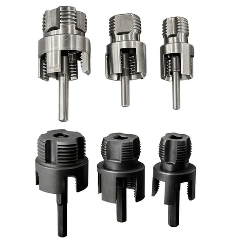 Heavy Duty Pipe Threading Tool Set With Carbon Steel Construction, showcasing four and six inch dies for plumbing tasks.