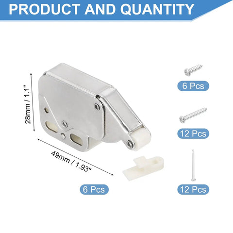 Six Pack Magnetic Push Latches For Cabinets And Drawers, Push To Open Hidden Door Release, Rugged Metal Grey, 1.93 x 1.1 inches