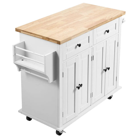 Solid Rubber Wood Top Kitchen Island Cart With Storage Cabinet And Drawer, 35.4 Inch Wide Rolling Kitchen Island On Wheels With Spice Rack, White Finish