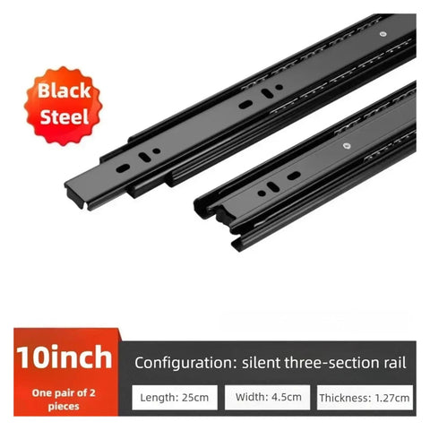 Black steel 10-inch drawer slides with silent three-section rail, ideal for 10 To 20 Inch Cold Rolled Steel Drawer Slides Two Section Cabinet Slides Furniture Hardware.