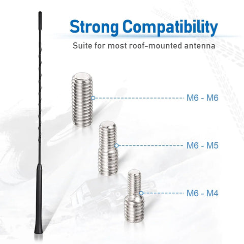 Roof Mounted Car Antenna Replacement 16 Inch Mast For AM FM Radio with M4 M5 M6 adapters displayed.
