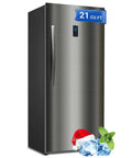 Huge 21 Cube Upright Freezer No Sweat Frost Free Top Tier Stainless Housing front view with ice cubes and mint leaves.