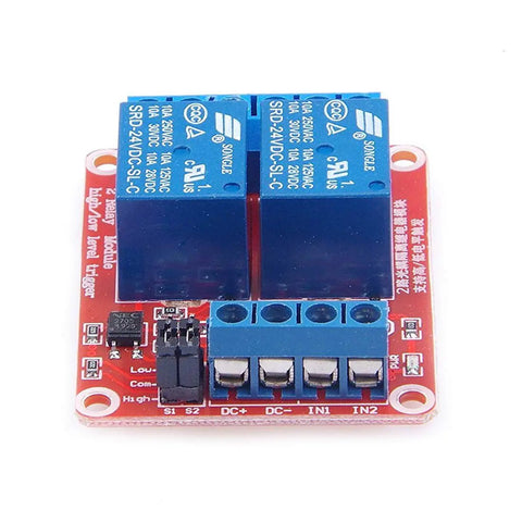 Two Channel 24V Relay Module With Isolated Optocouplers For High And Low Level Trigger Plug And Play DIY Automation Board 2 Pack Durable Relay Card For Arduino Raspberry Pi And Home Wiring, top view