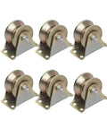 Rock Solid 6 Pack 2 Inch V Groove Wheels Heavy Duty 1045 Steel Sliding Gate Casters Corrosion Resistant Electroplated Track Rollers For Trolleys And Cranes Built Tough on a white background.