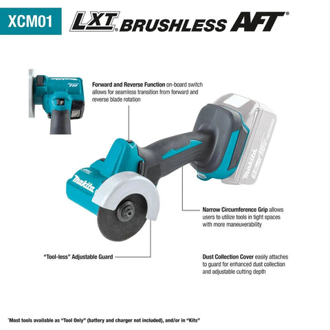 18V LXT Brushless Cordless 3 Inch Cut Off Tool, Tool Only With One Hand Operation, side view showing features.