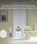 Shower Door Repair Kit With Pivot Pins And Bushings in a bathroom, showcasing stainless steel pivot pin and replacement parts.